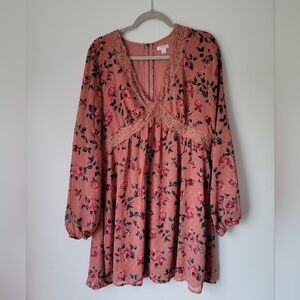 Women's Floral Print Long Sleeve V-Neck Lace Trim Mini Dress Pink L
